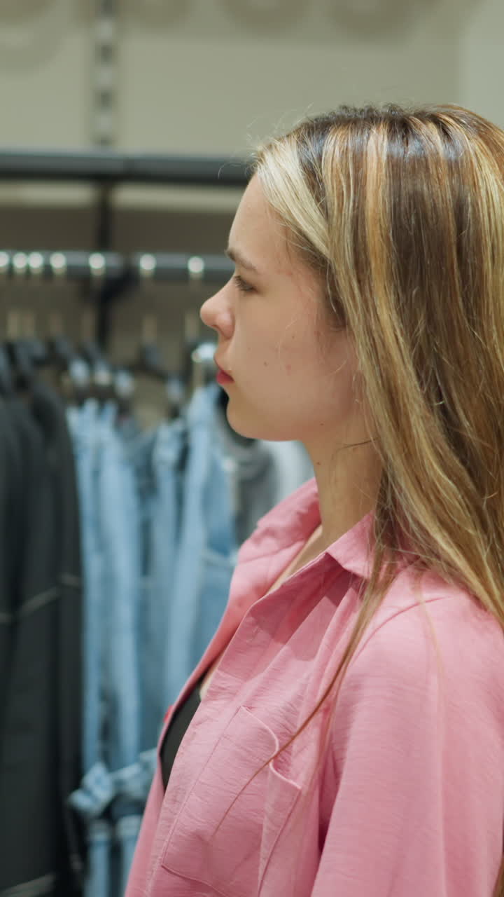 una dama blanca con un sello negro debajo de una camiseta rosa sin botones, hojea la ropa colgada en un estante y un estante mirando a su alrededor en una tienda bien iluminada, observa una camisa blanca pensativa