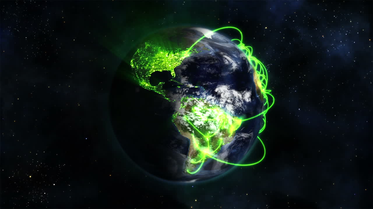 Terra nuvolosa con connessioni verdi e stelle, immagine per gentile concessione di Nasa.org