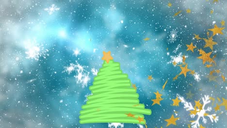 Animation-Von-Schneeflocken-Und-Sternen,-Die-über-Das-Weihnachtsbaumsymbol-Vor-Blauem-Hintergrund-Mit-Farbverlauf-Fallen