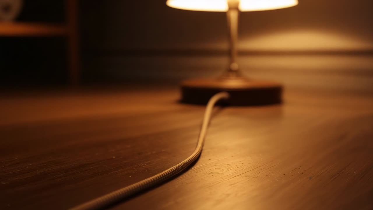 Braided cord leading across wood desk, camera pulling back revealing glowing lamp for product demo