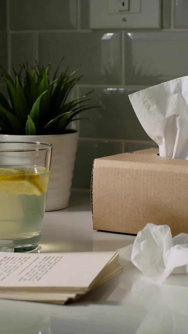 Video verticale: Spostamento della telecamera, che rivela un bicchiere con limone sul bancone della cucina, con una scatola di fazzoletti che appare.