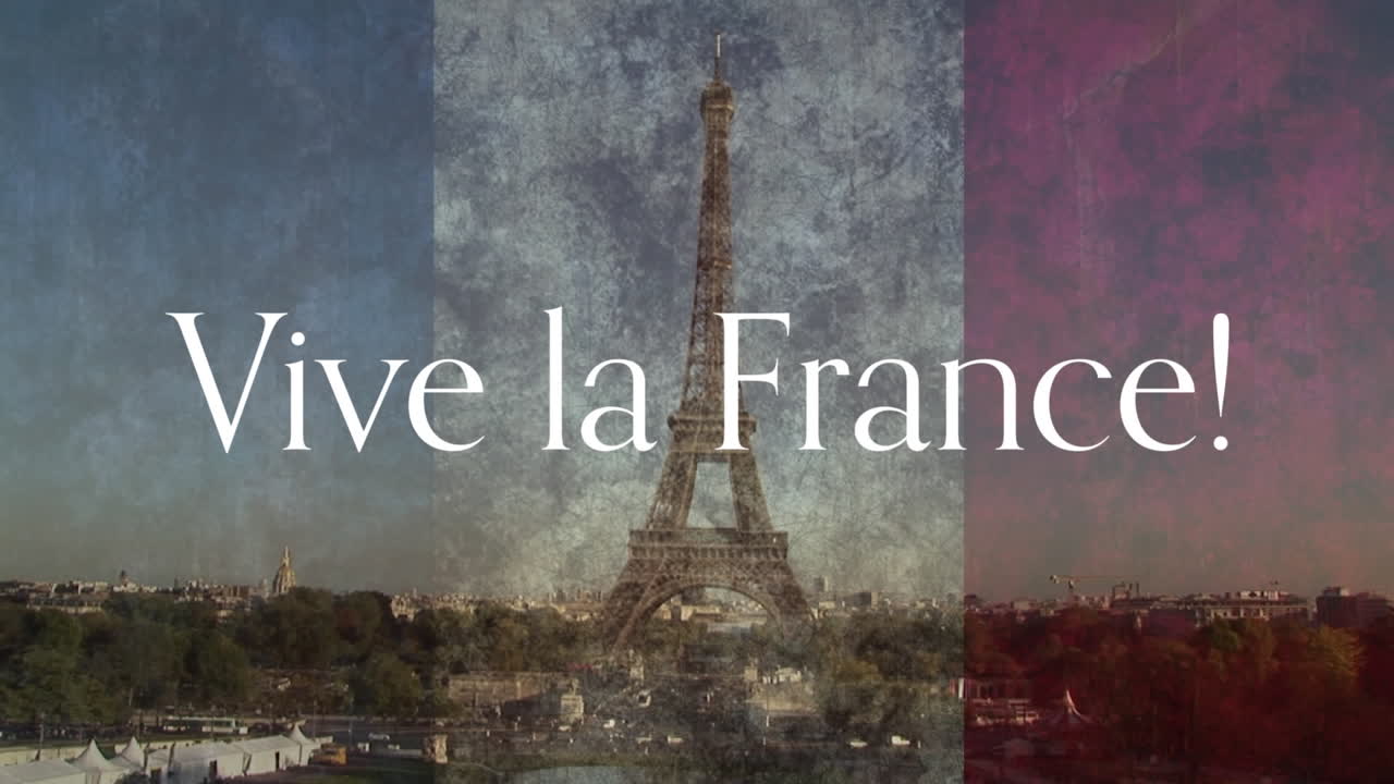 Animation of vive la france text and french flag with eiffel tower