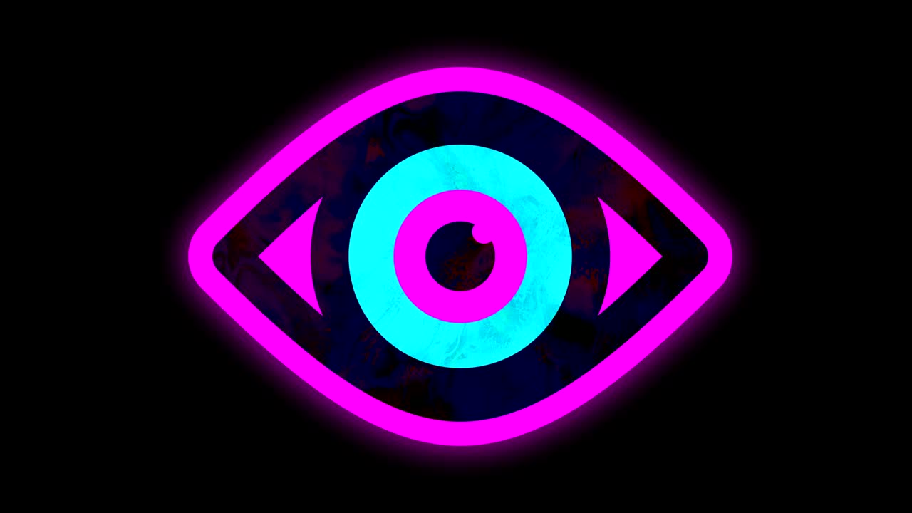 Shimmering vibrating open eye symbol, neon effect animation loop 4K