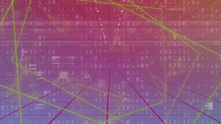 Starting data tunnel moving through gradient corridor, looping binary digits and wireframe polygons