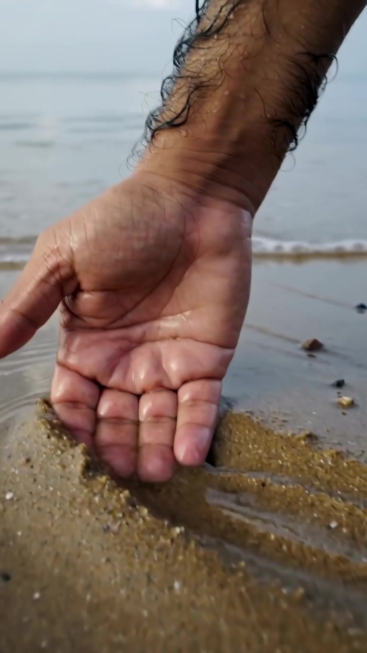 Vertical video: Reaching right hand cupping wet sand on shore, collecting sea shells