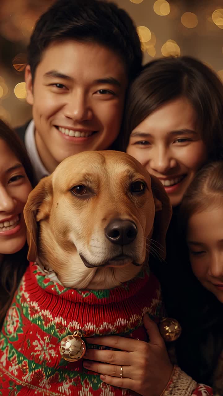 Vertical video: Lights urging family crowding around dog in holiday sweater, jingling bells at home