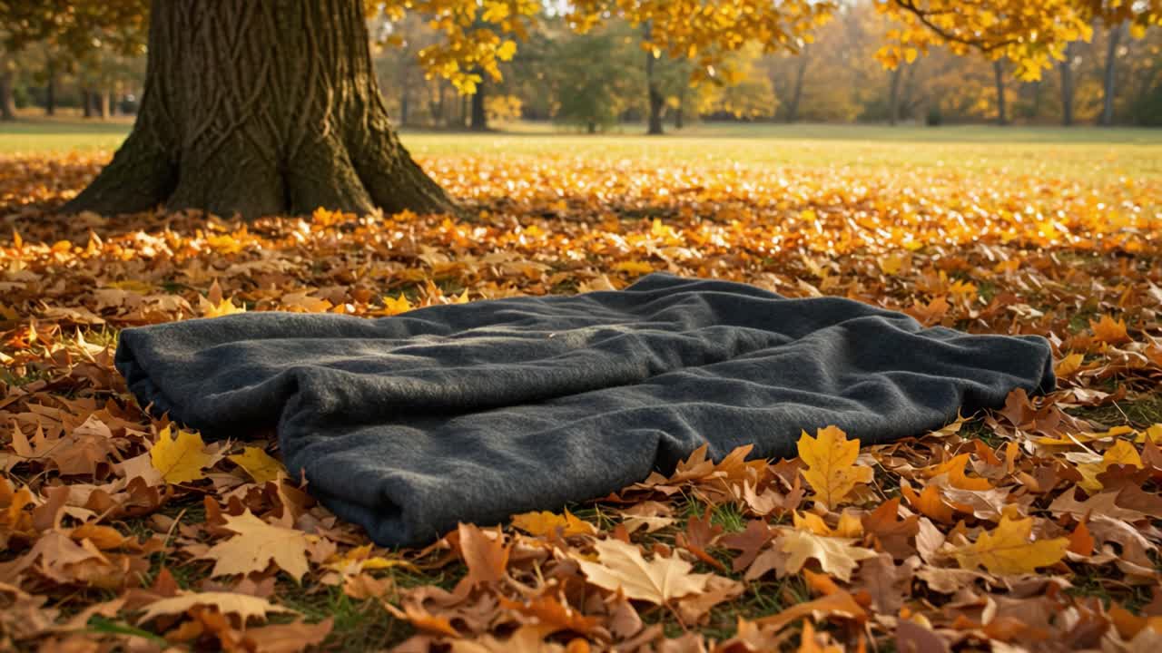 A Cozy Blanket Resting Amidst Vibrant Autumn Leaves Beneath a Majestic Tree in a Serene Park Setting