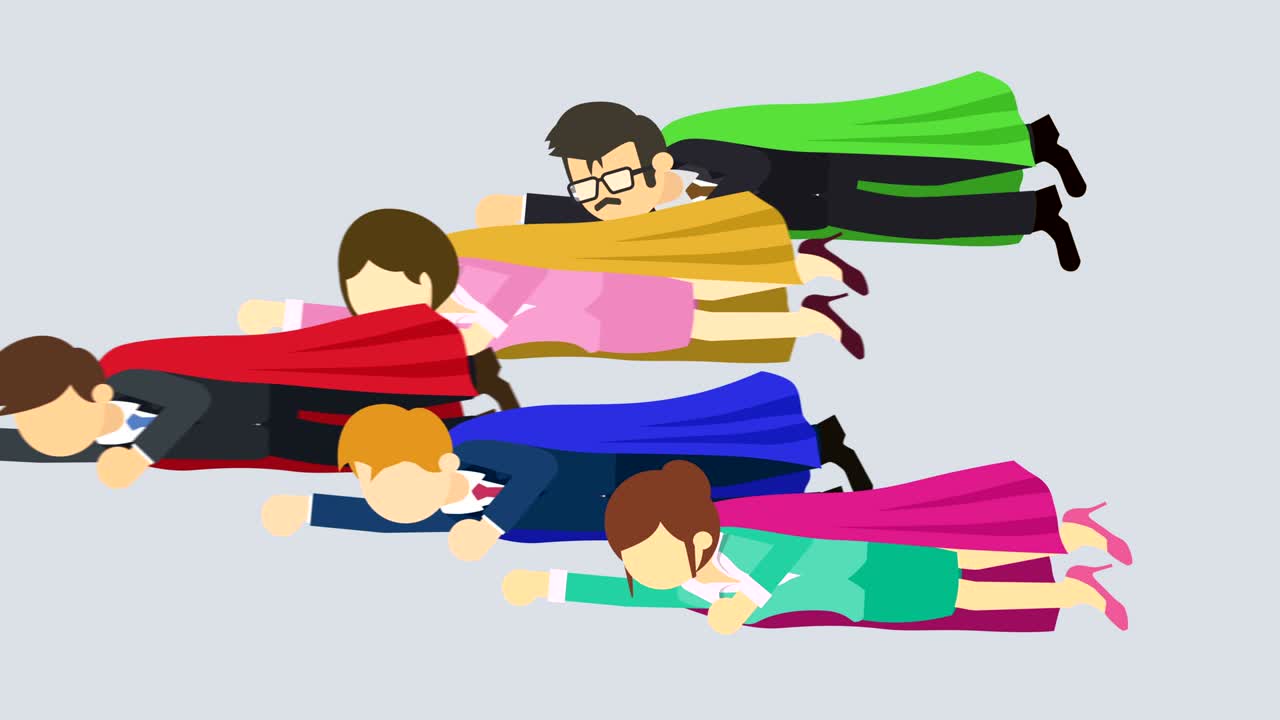 슈퍼 히어로 비즈니스 팀이 슈트와 은 케이프를 입고 날아갑니다. 리더십과 성취 개념. 평평한 스타일의 루프 일러스트레이션.