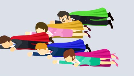 슈퍼 히어로 비즈니스 팀이 슈트와 은 케이프를 입고 날아갑니다. 리더십과 성취 개념. 평평한 스타일의 루프 일러스트레이션.