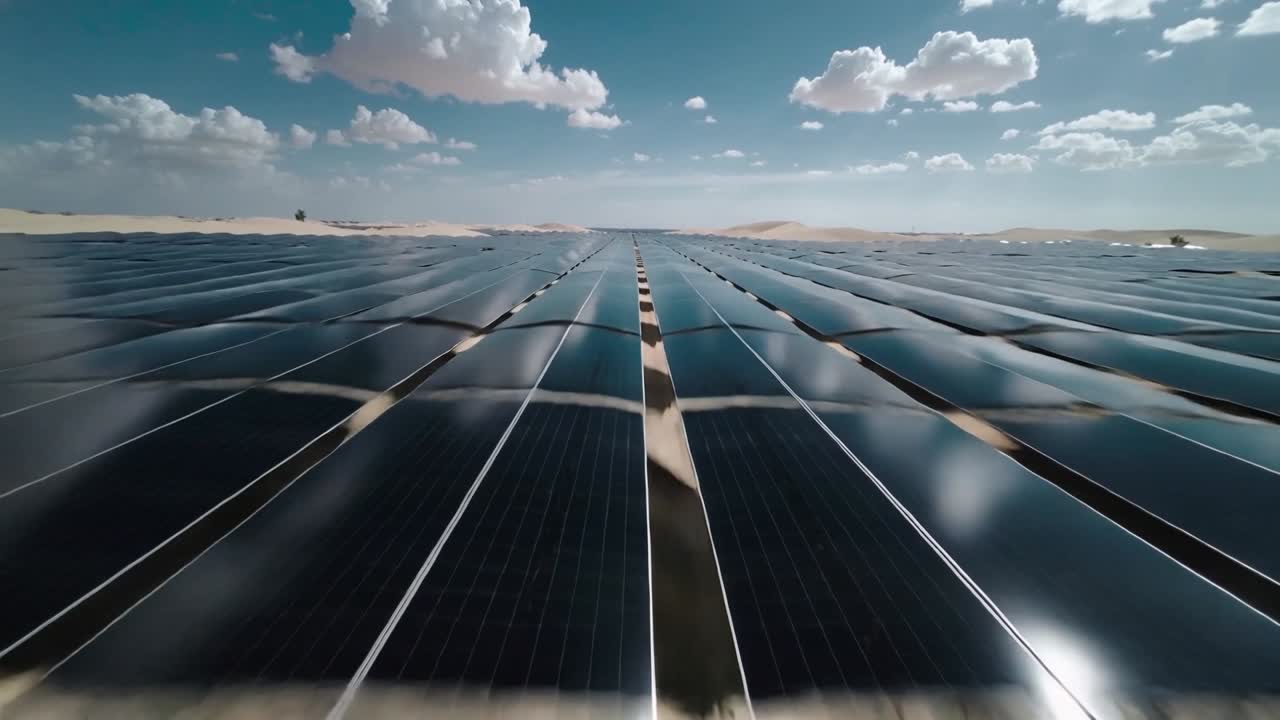 Starter droneflyvning, der fanger solcellepaneler, mens den bevæger sig over en servicevej i ørkenen til kortlægning.