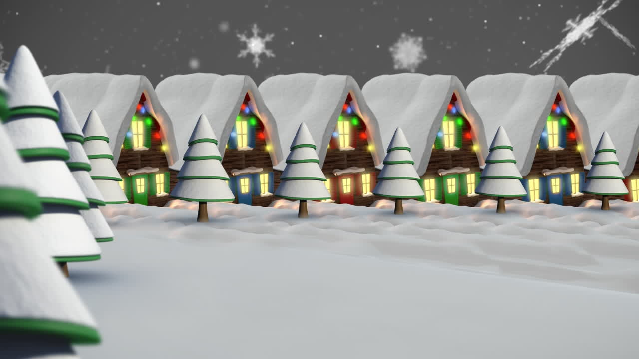 Animation of snow falling over houses with fairy lights