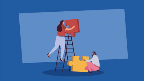 elegantes mujeres de negocios con piezas de rompecabezas animación