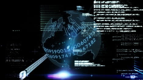 animation of data processing over spinning globe and blue light spot against black background