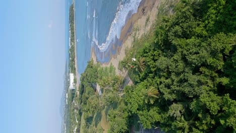 Toma-Vertical-Aérea-De-Playa-Dorada-Con-Océano-Y-Palmeras-Tropicales-En-Verano---Puerto-Plata,-República-Dominicana