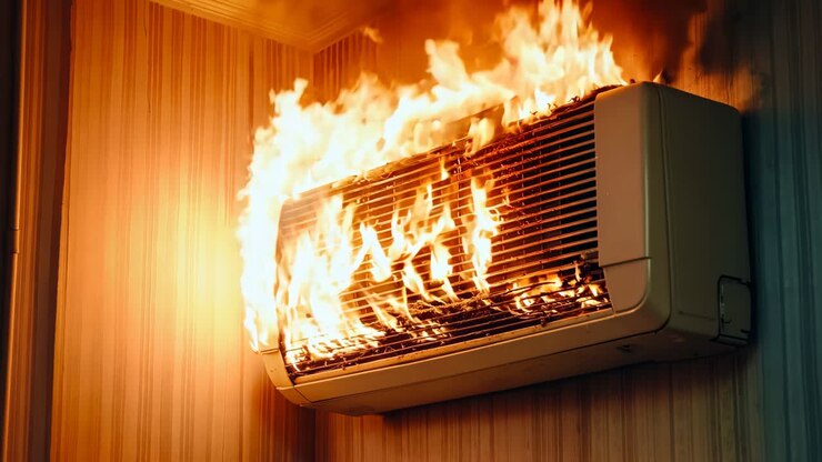 eine an der wand montierte klimaanlage brennt in einem raum