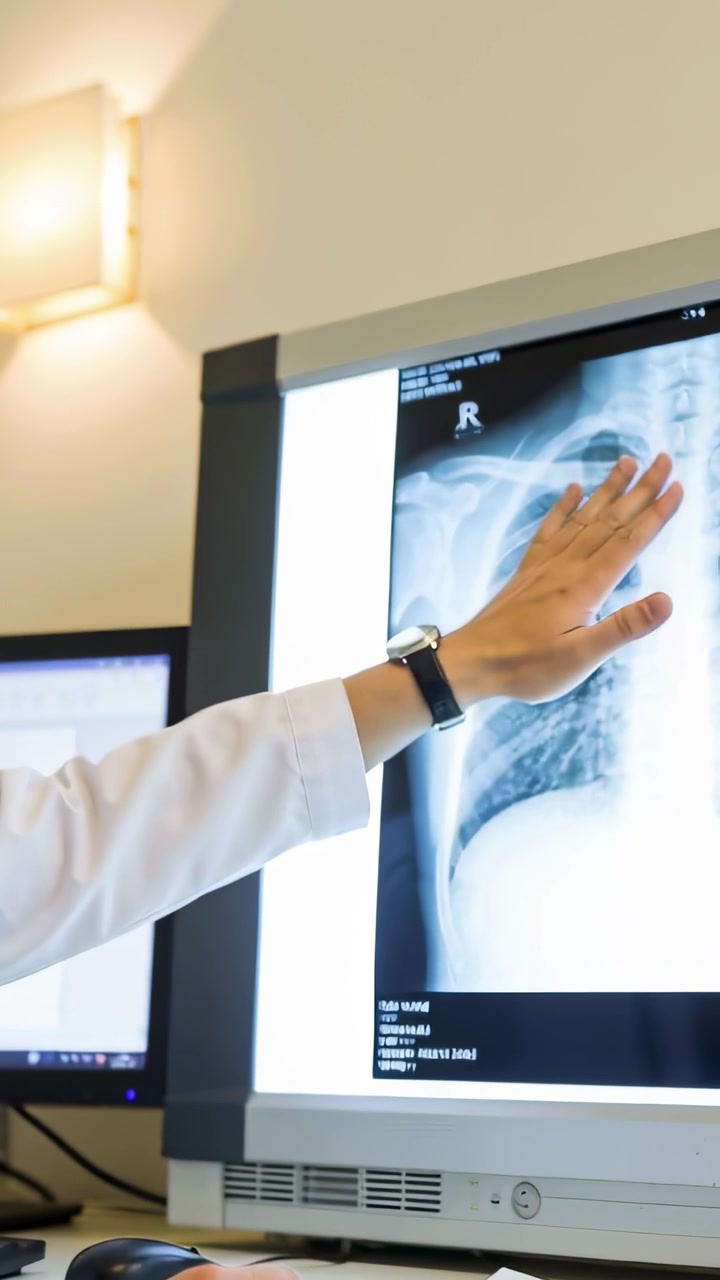 Dikey video: İzleyici tarafından yönlendirilen, klinikte göğüs röntgeni gösteren, laboratuvar önlüklü işaret eden doktor.