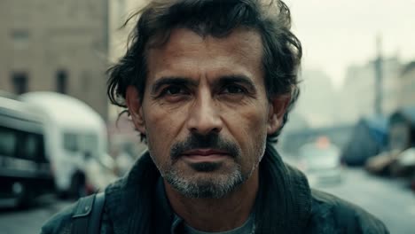 a portrait of a man looking seriously at the camera in an urban setting