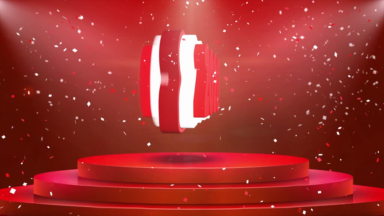 2020 animación de texto en la alfombra del podio de la etapa 3d. cortina roja de reval con explosión de confeti de papel de aluminio abstracto, reflector, chispas de brillo, animación de bucle 4k.