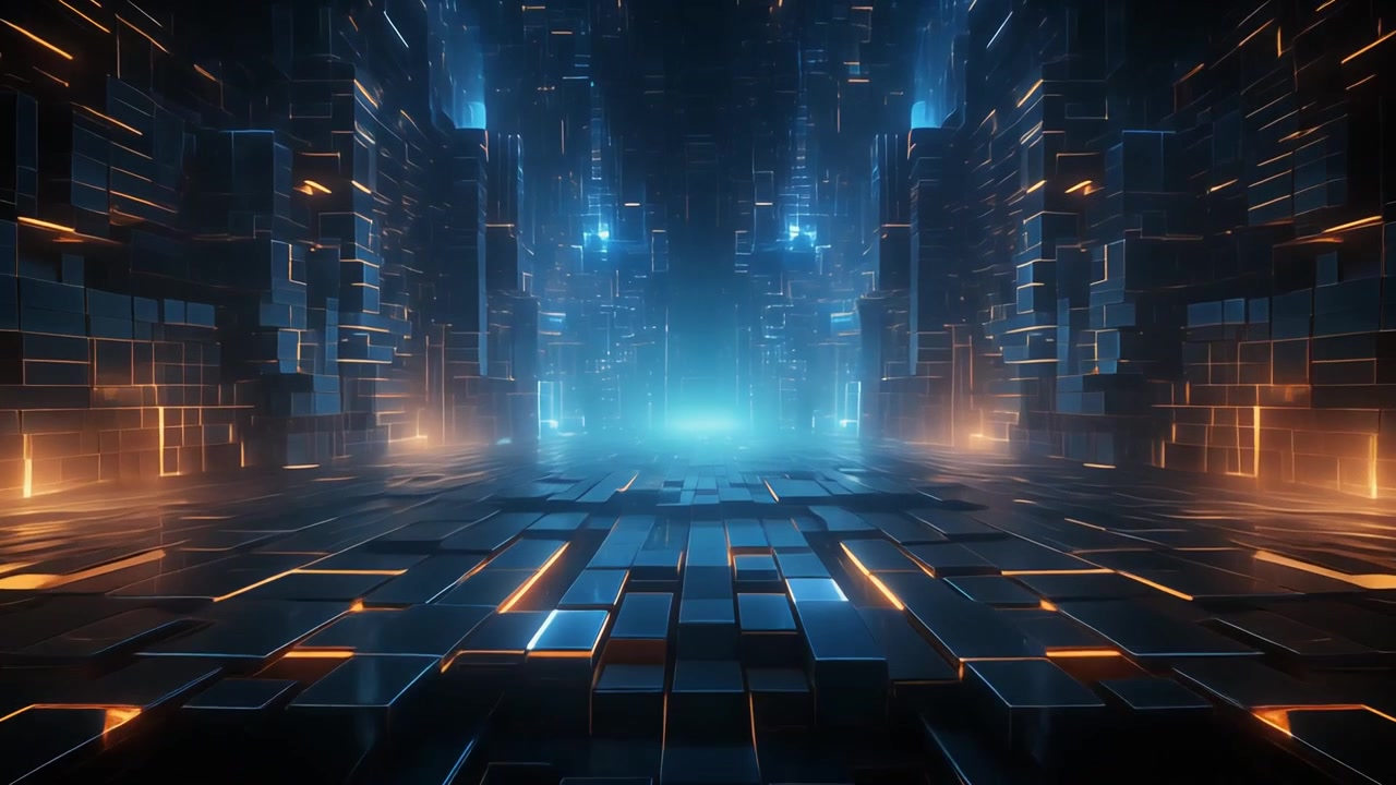 Futuristic Digital Corridor with Glowing Geometric Blocks and Cyberpunk Lighting
