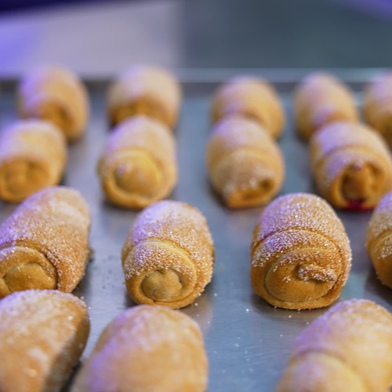 Tasty savory sweet desserts at the metal baking sheet. Freshly-baked croissants covered with sugar close up