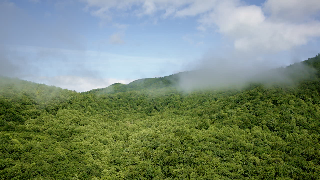 High view aerial footage of fog weaving through the Smoky Mountains in NC