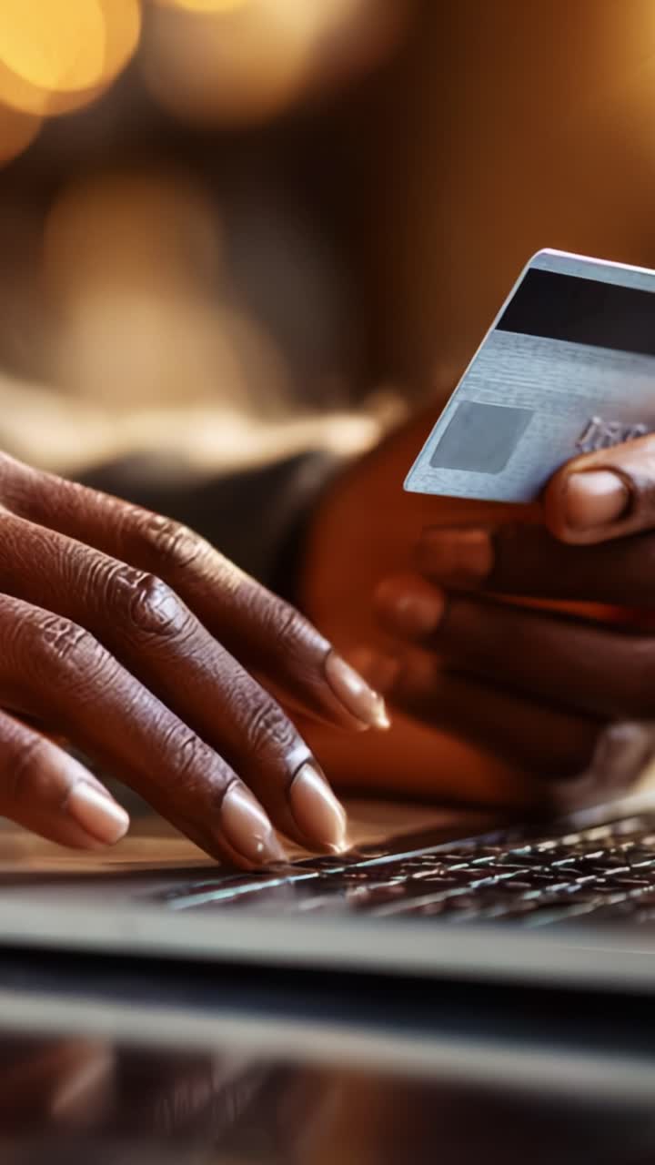 Close-up of a hand holding a credit card above a laptop keyboard, emphasizing online shopping and digital payment with warm blurred background ambiance