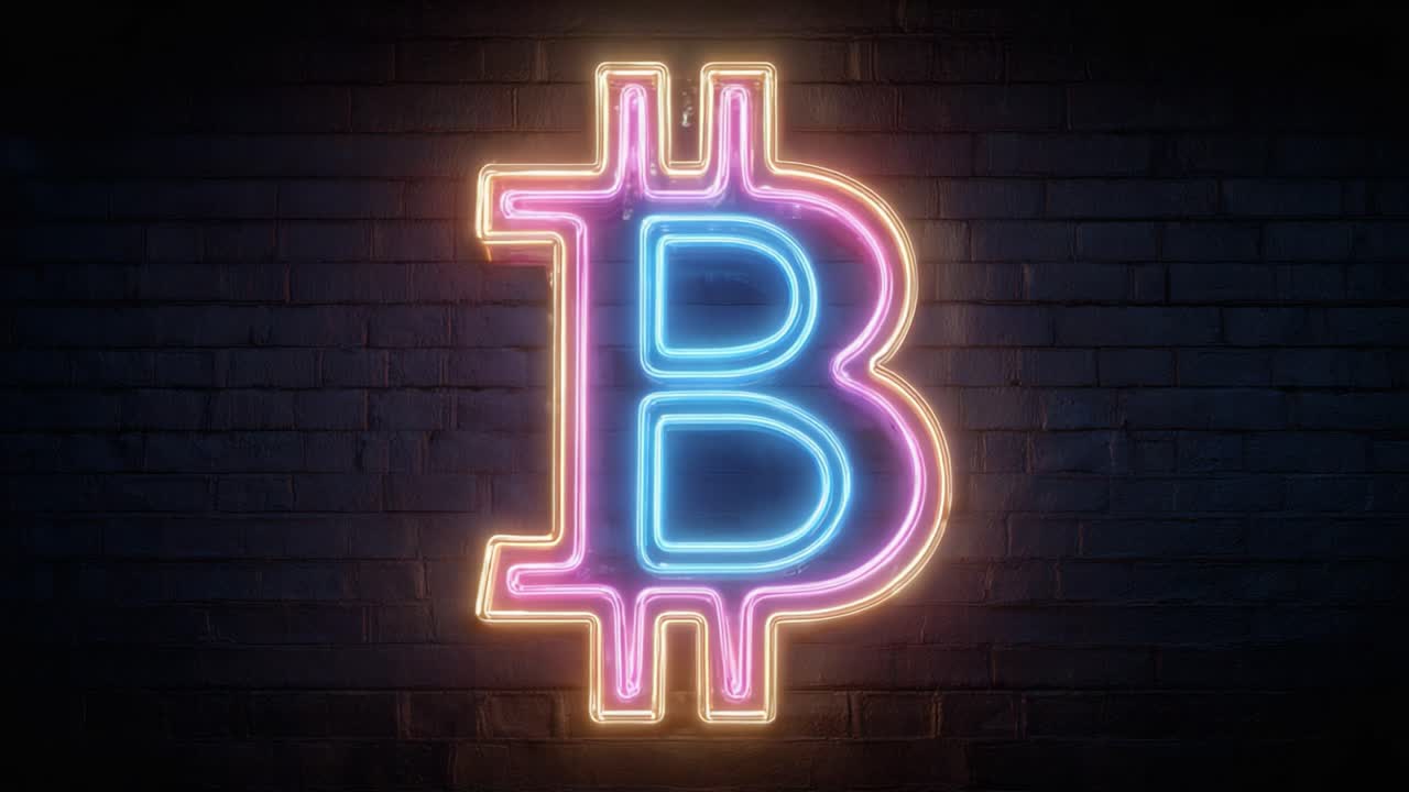 Illuminated Bitcoin Symbol in Neon Colors Against a Dark Brick Wall, Highlighting the Digital Currency Revolution and Modern Financial Concepts