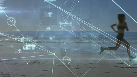 animación de procesamiento de datos y redes de conexiones sobre mujer caucásica corriendo en la playa