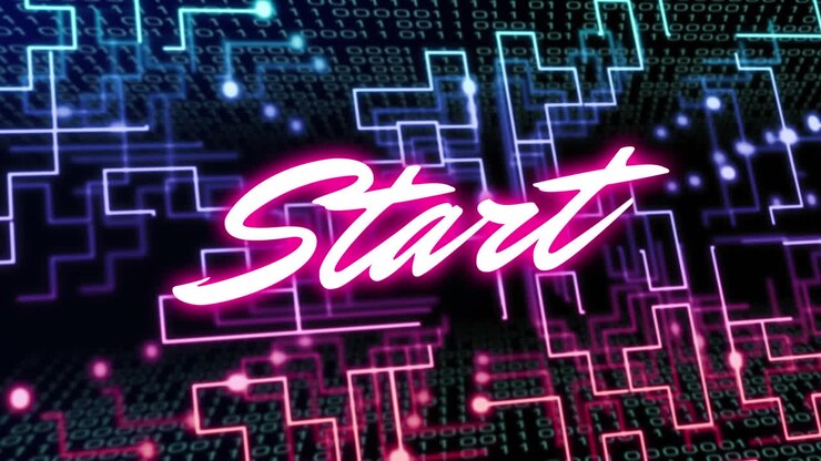 Animation of start text over neon computer circuit board on black background