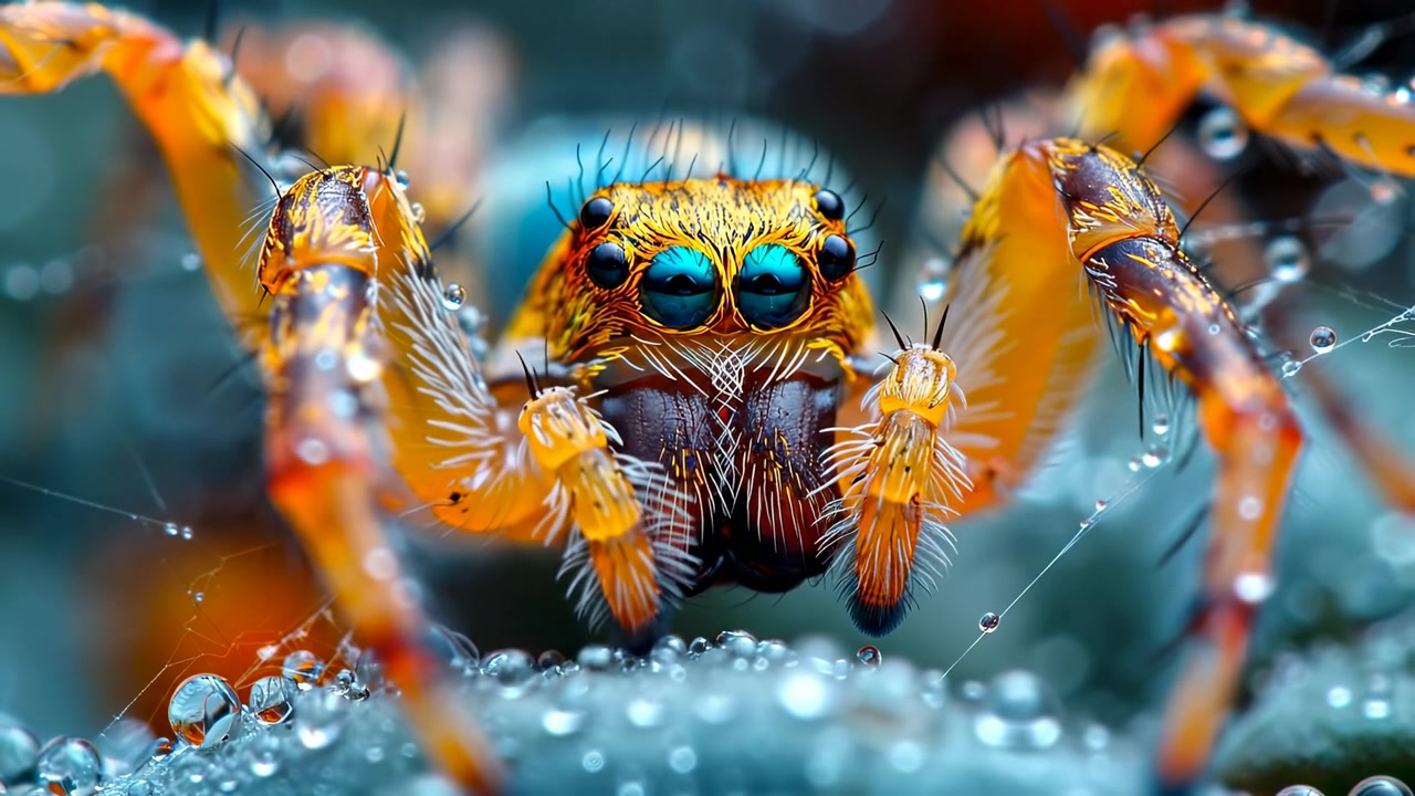 Close-up macro de aranha-saltadora laranja. Fotografia macro detalhada em vista frontal de uma aranha laranja colorida com grandes olhos azuis cobertos por gotas de água.