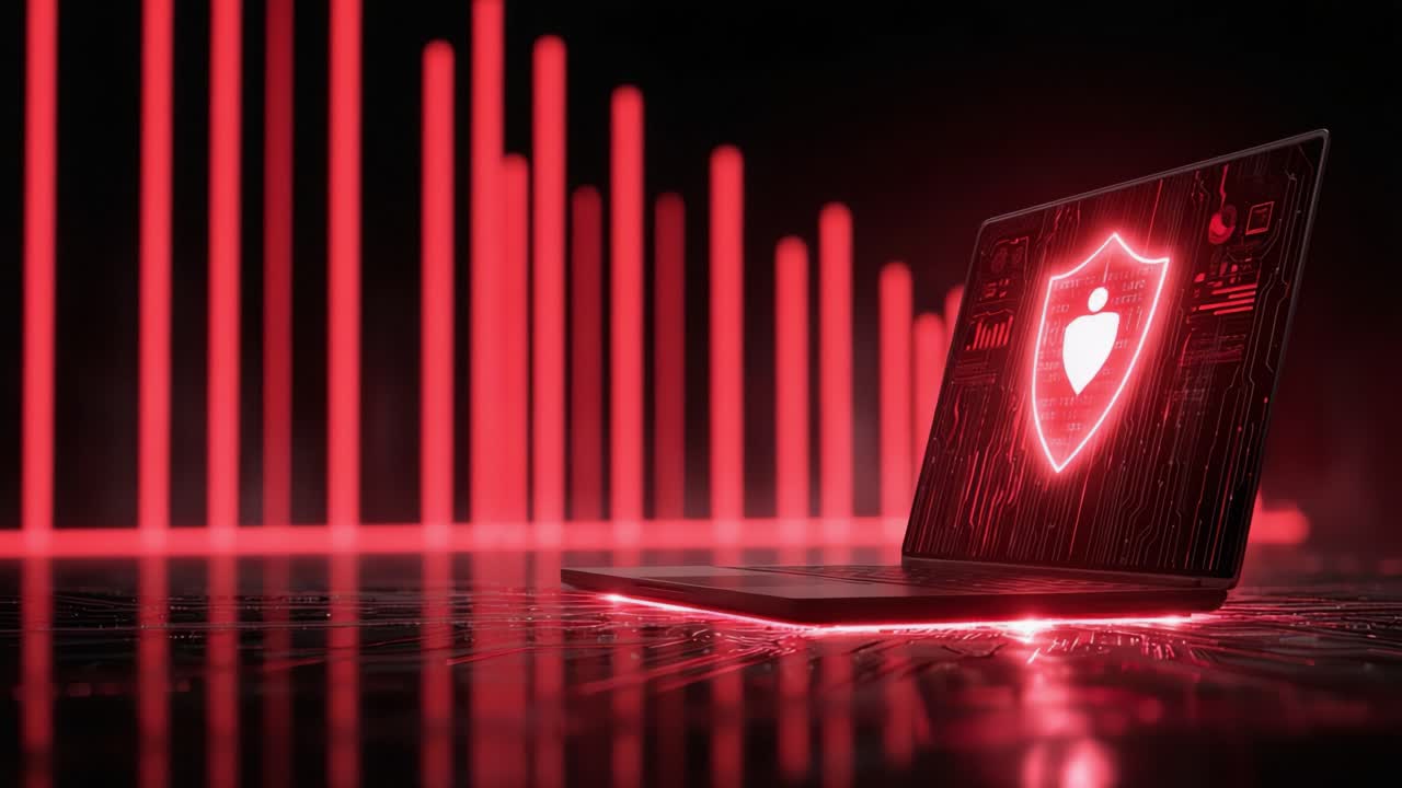 Exploring Cybersecurity: A Visually Striking Representation of Digital Protection in a Dark, Red-Lit Environment with a Computer Displaying a Security Shield