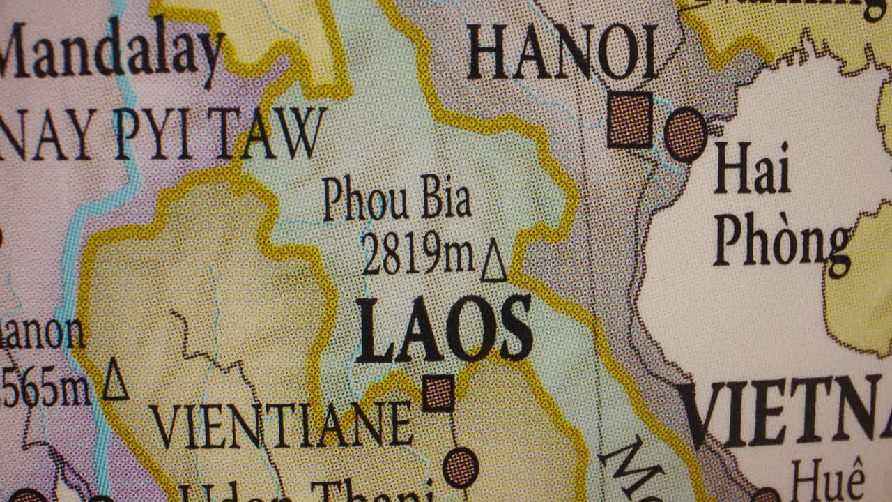 Close-up of a map displaying Laos and surrounding Southeast Asian countries