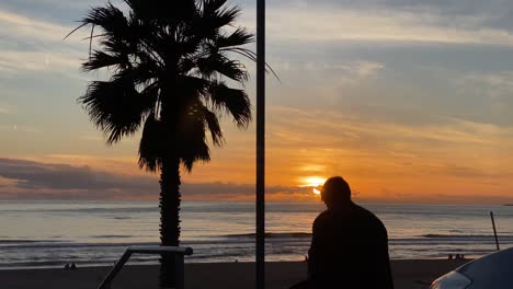 hombre mirando el teléfono al atardecer cerca de la playa