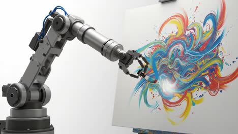a robotic arm creating vibrant abstract art through dynamic brushstrokes, showcasing innovation in artistic technology and creativity in motion