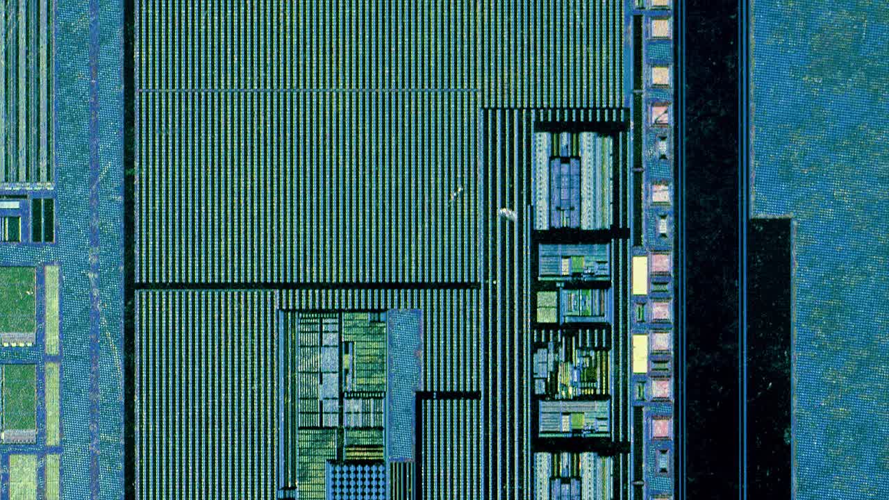 Microchip integrated circuit architecture under microscope
