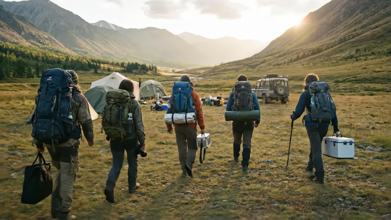 夕暮れ時、風光明媚な山間の谷を歩くハイカーのグループ