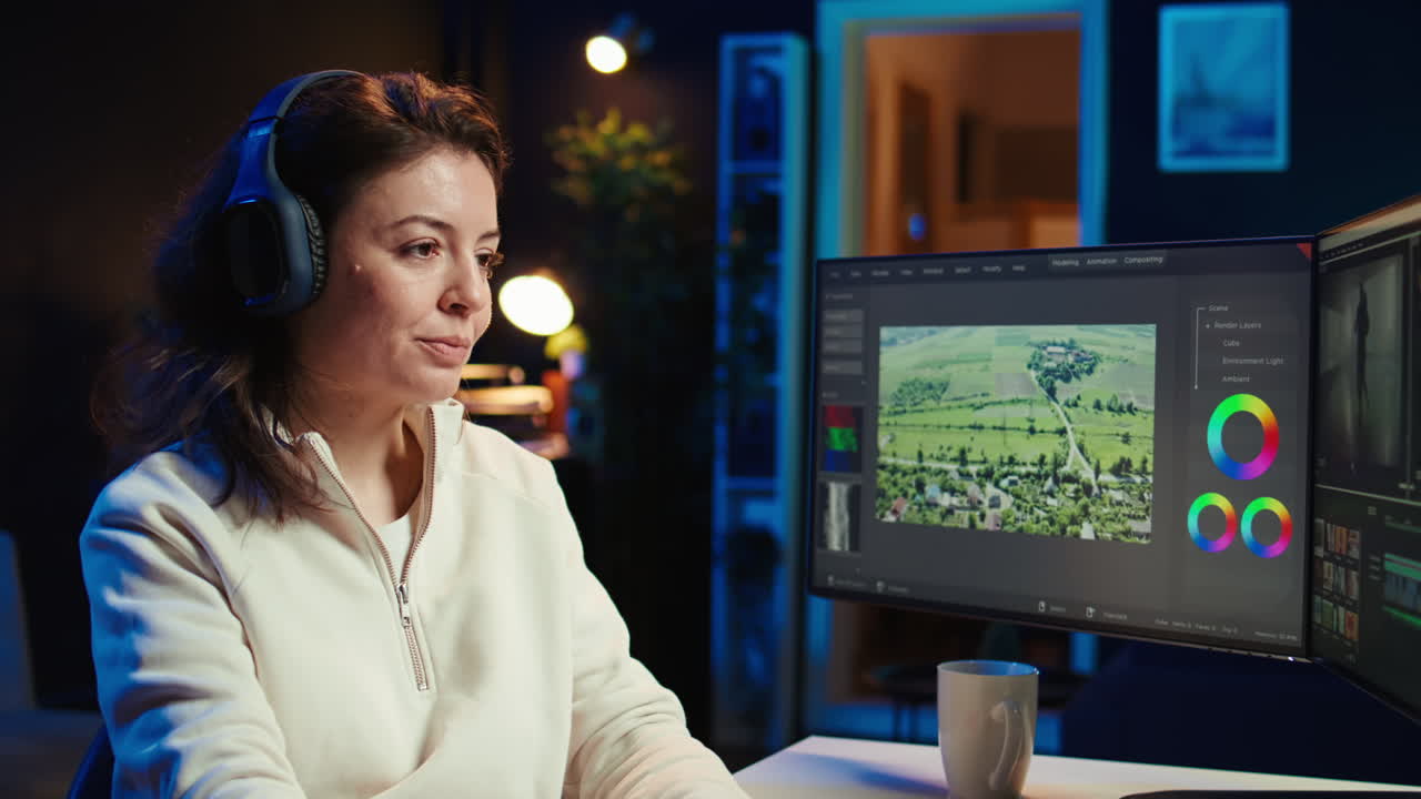 Video editor polishing raw footage while listening music