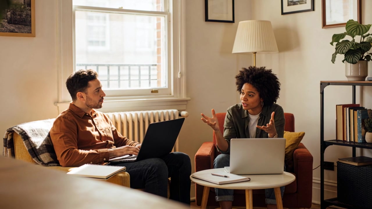 Talking woman in green blazer gesturing and explaining plan in home office, man typing, two laptops