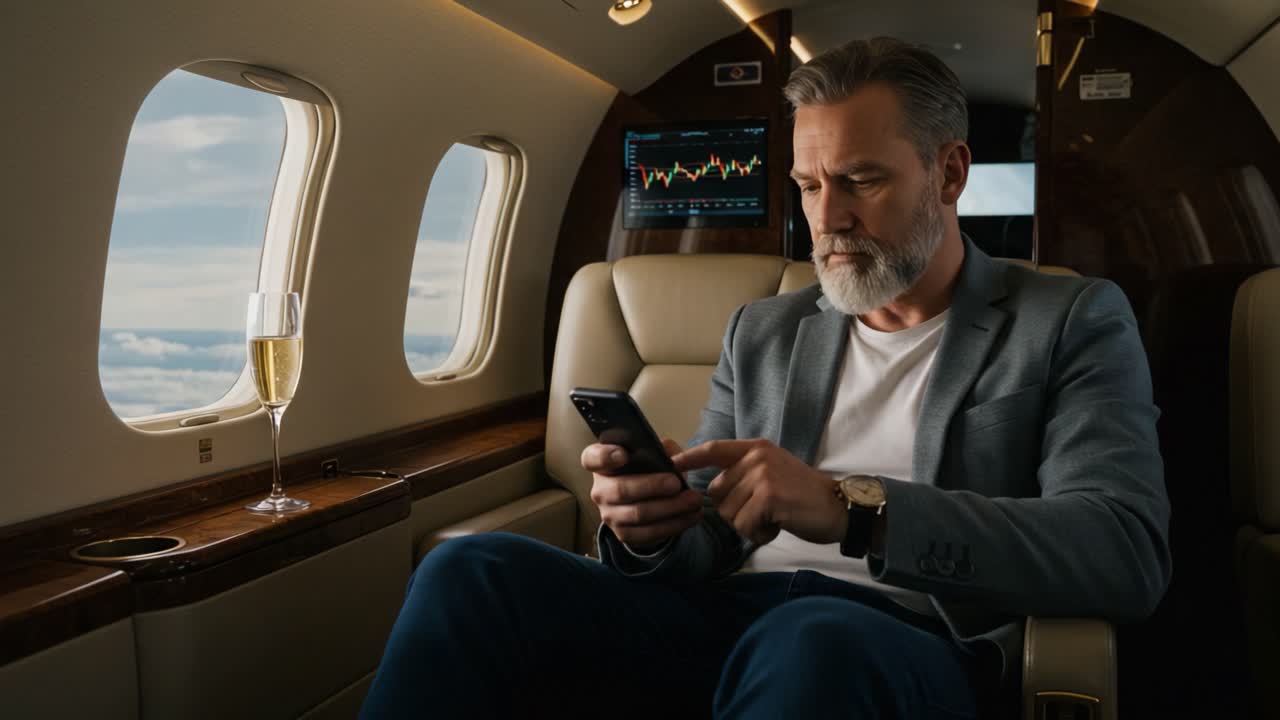 A Sophisticated Businessman Enjoying Leisure Time in a Private Jet, Engrossed in His Smartphone While Sipping Champagne and Soaking in the Scenic Sky View