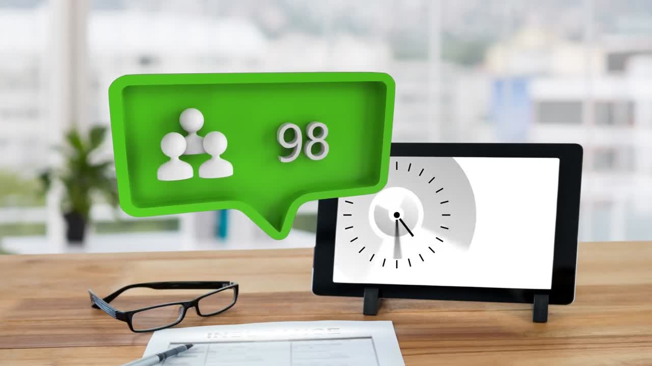 símbolo de personas y números crecientes sobre la tableta en la mesa