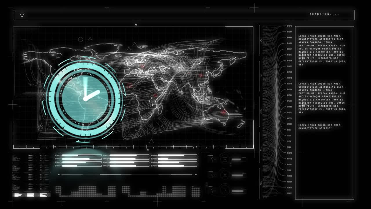 화면에 세계 지도와 함께 빠르게 움직이는 시계와 데이터 처리의 애니메이션