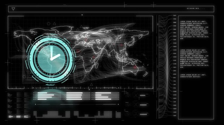 Animation of clock moving fast and data processing with world map on screen