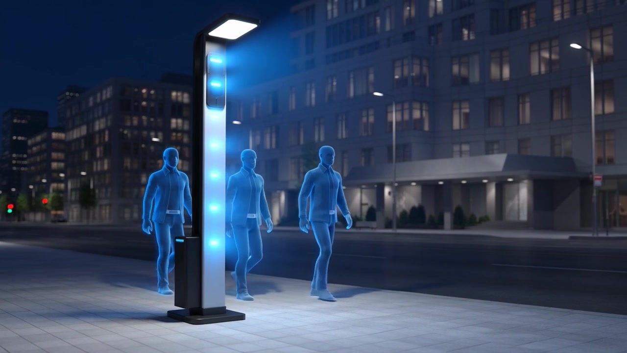 Futuristic Smart Street Light Illuminates Pedestrians in a Modern City at Night
