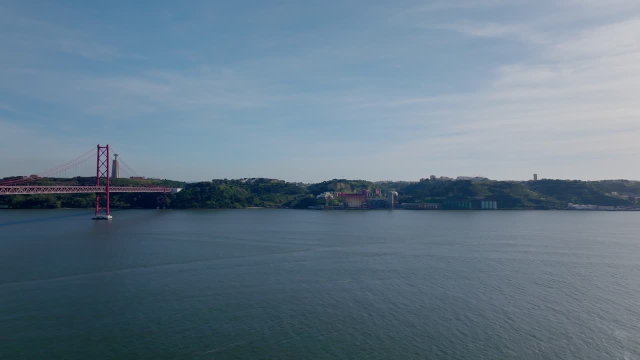 Drone shot of River Tejo and ponte 25 Abril.