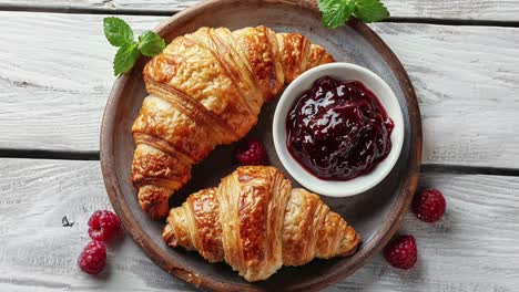 close-up of croissants with raspberry jam and raspberries