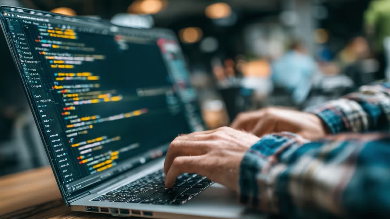 Focused Programmer Writing Code on Laptop in Modern Workspace: A Glimpse into the World of Software Development and Creative Problem Solving