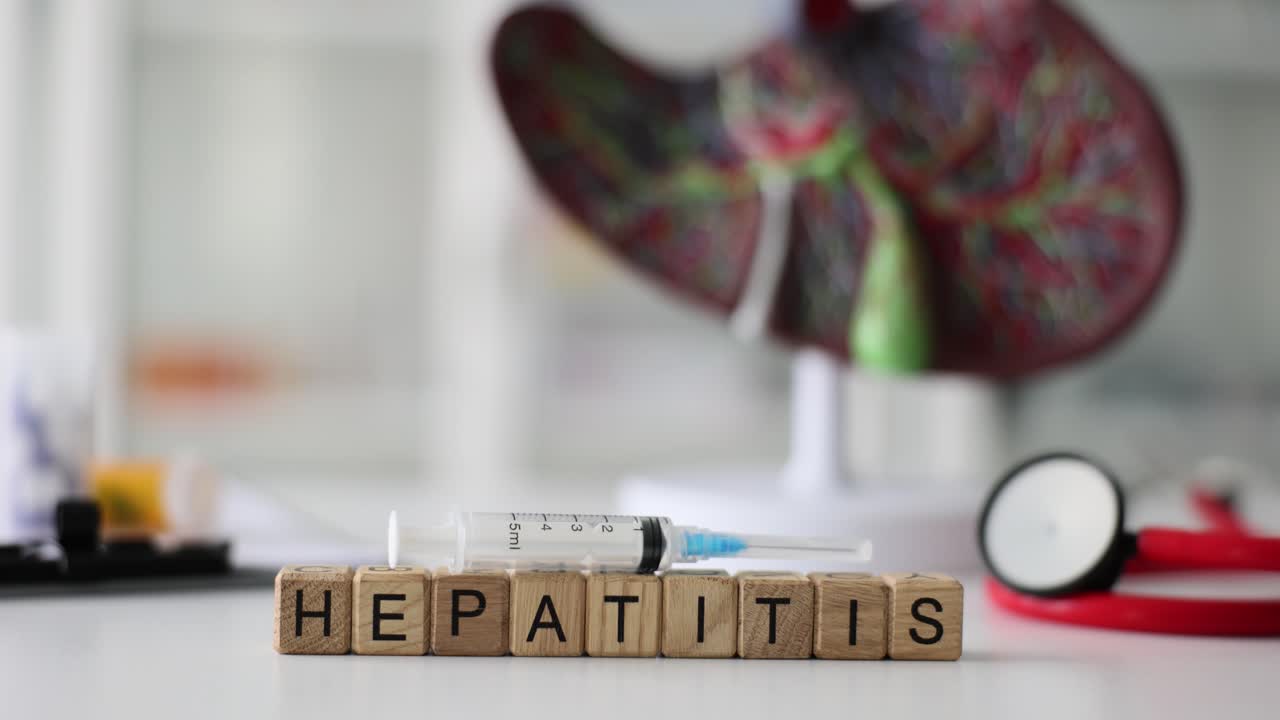 Wort Hepatitis und Spritze vor einem künstlichen Lebermodell.