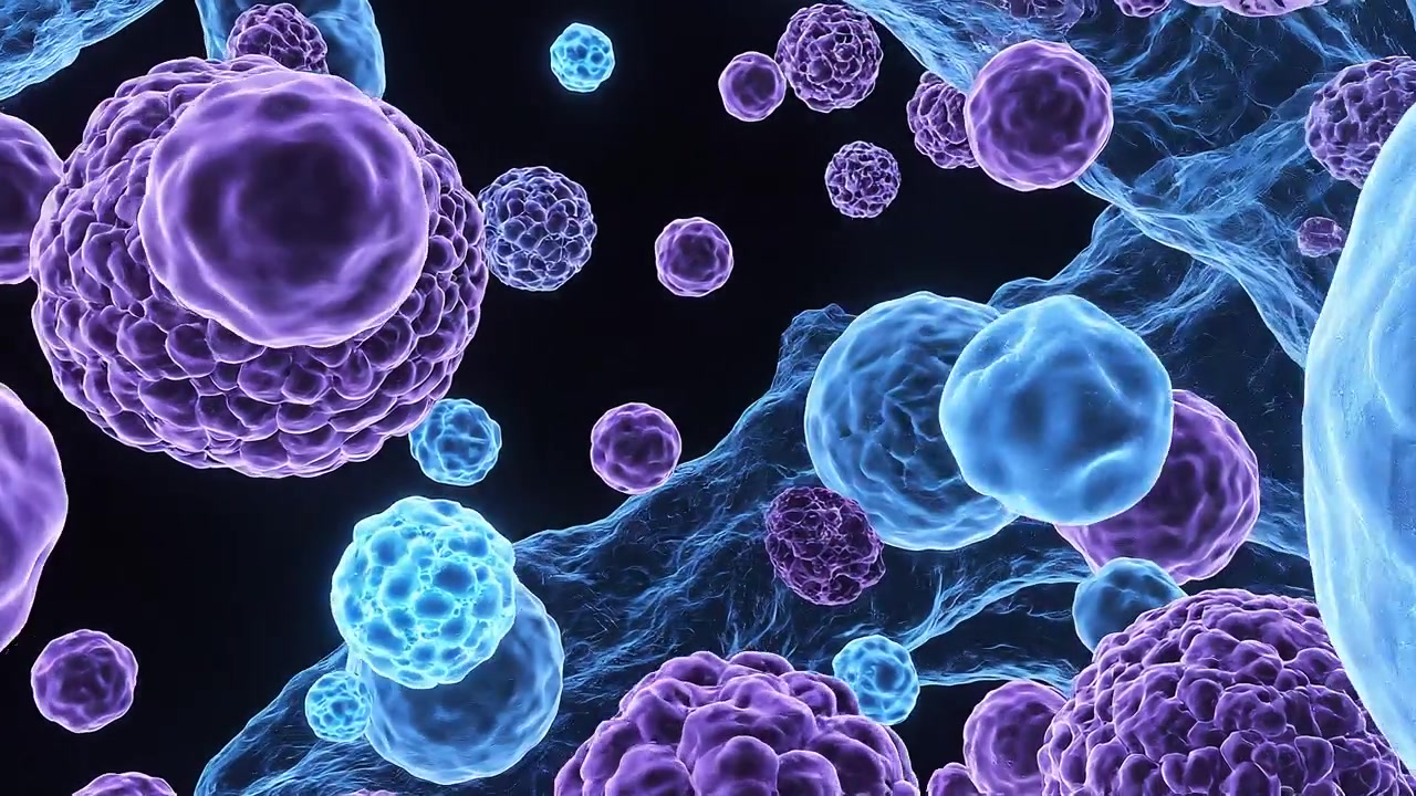 Abstract 3D Render of Blue and Purple Microscopic Cells