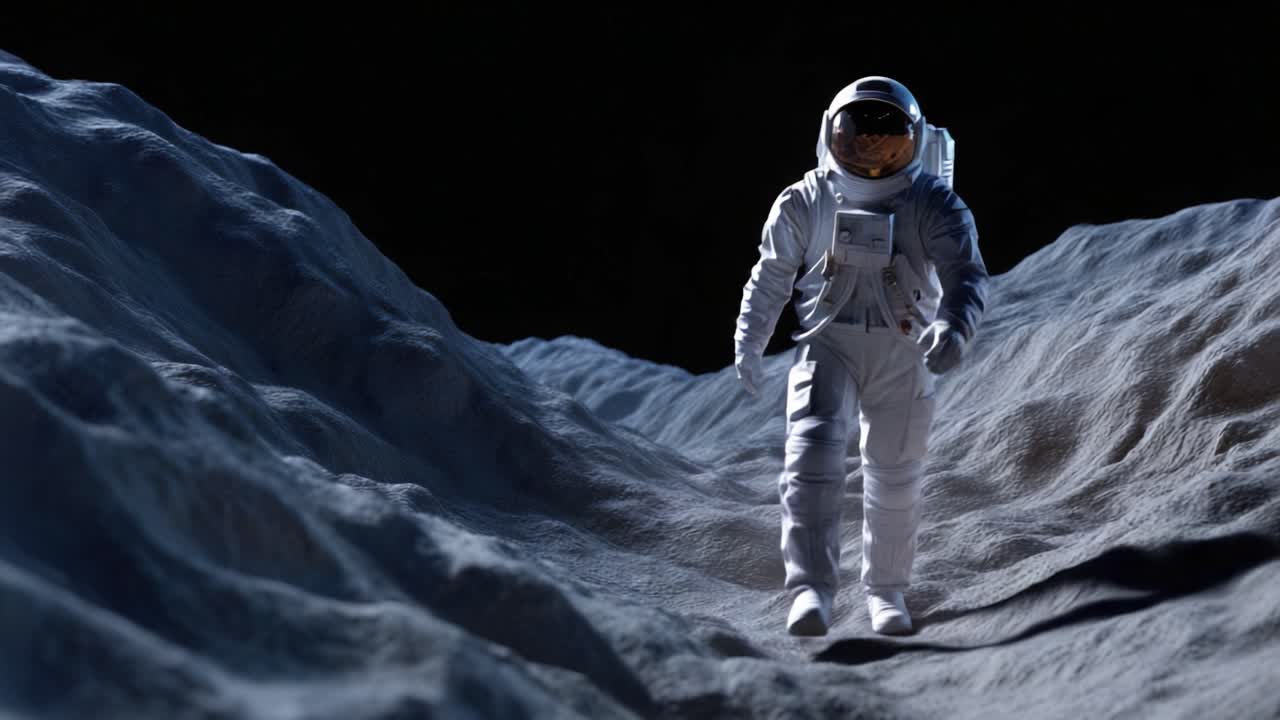 An astronaut explores the rugged surface of a distant celestial body, showcasing the beauty and challenge of lunar terrain in the vastness of space