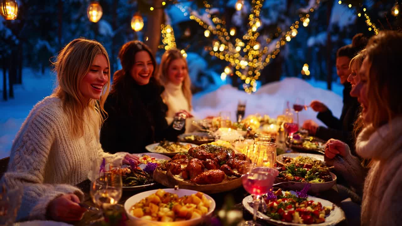 An Enchanting Winter Feast: A Gathered Celebration Amidst Twinkling Lights and Snowy Surroundings, with Delicious Dishes and Laughter Shared Around a Table of Friends in Cozy Attire